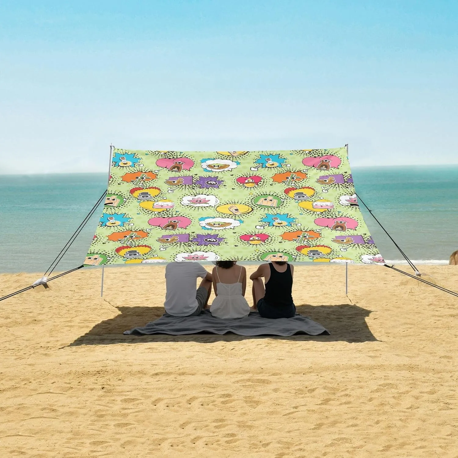 Trendy Cartoon Elements Beach Canopy Tent Anti-UV & Wind Resistant, Camping Sun Shelter Easy Setup Portable,Outdoor Shade Tents with Sandbags,Sand Shovels,Ground Pegs & Stability Poles