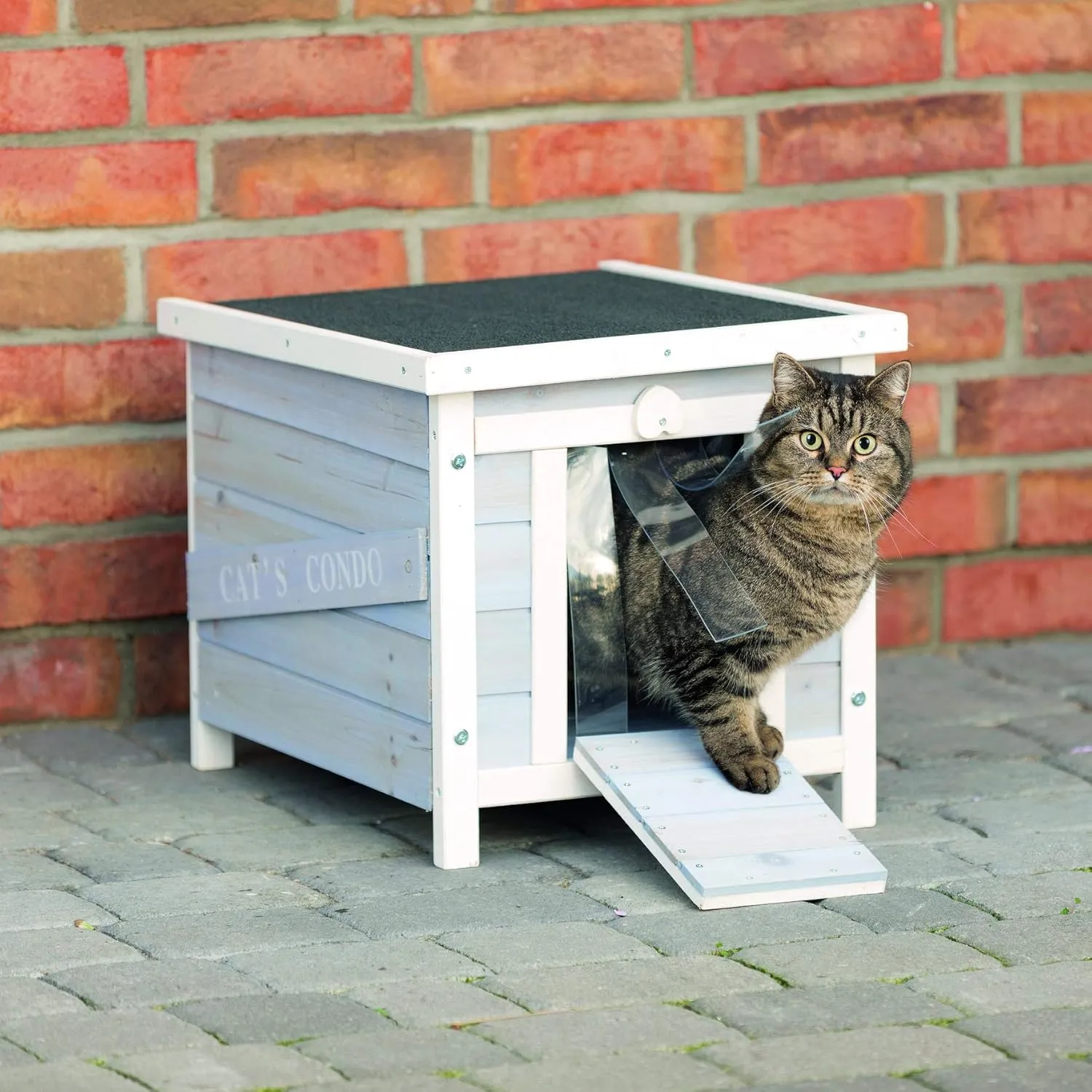 TRIXIE Small Outdoor Cat House, Weatherproof Cat Home with Raised Floor, Hinged Asphalt Roof & Covered Opening, Outdoor Shelter for Cats and Small Animals, Gray & White Fir Wood