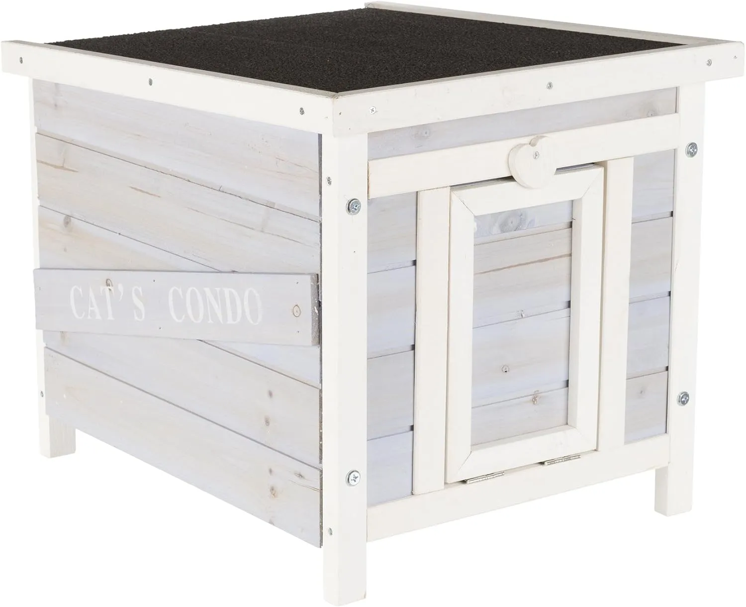 TRIXIE Small Outdoor Cat House, Weatherproof Cat Home with Raised Floor, Hinged Asphalt Roof & Covered Opening, Outdoor Shelter for Cats and Small Animals, Gray & White Fir Wood