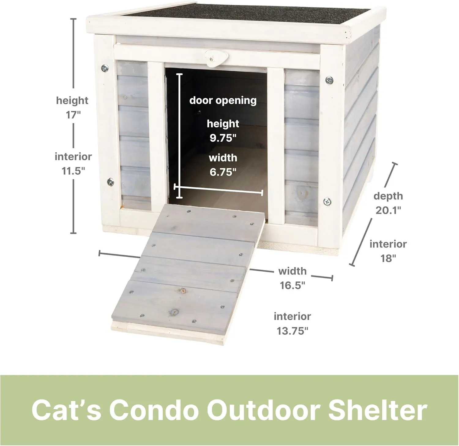 TRIXIE Small Outdoor Cat House, Weatherproof Cat Home with Raised Floor, Hinged Asphalt Roof & Covered Opening, Outdoor Shelter for Cats and Small Animals, Gray & White Fir Wood