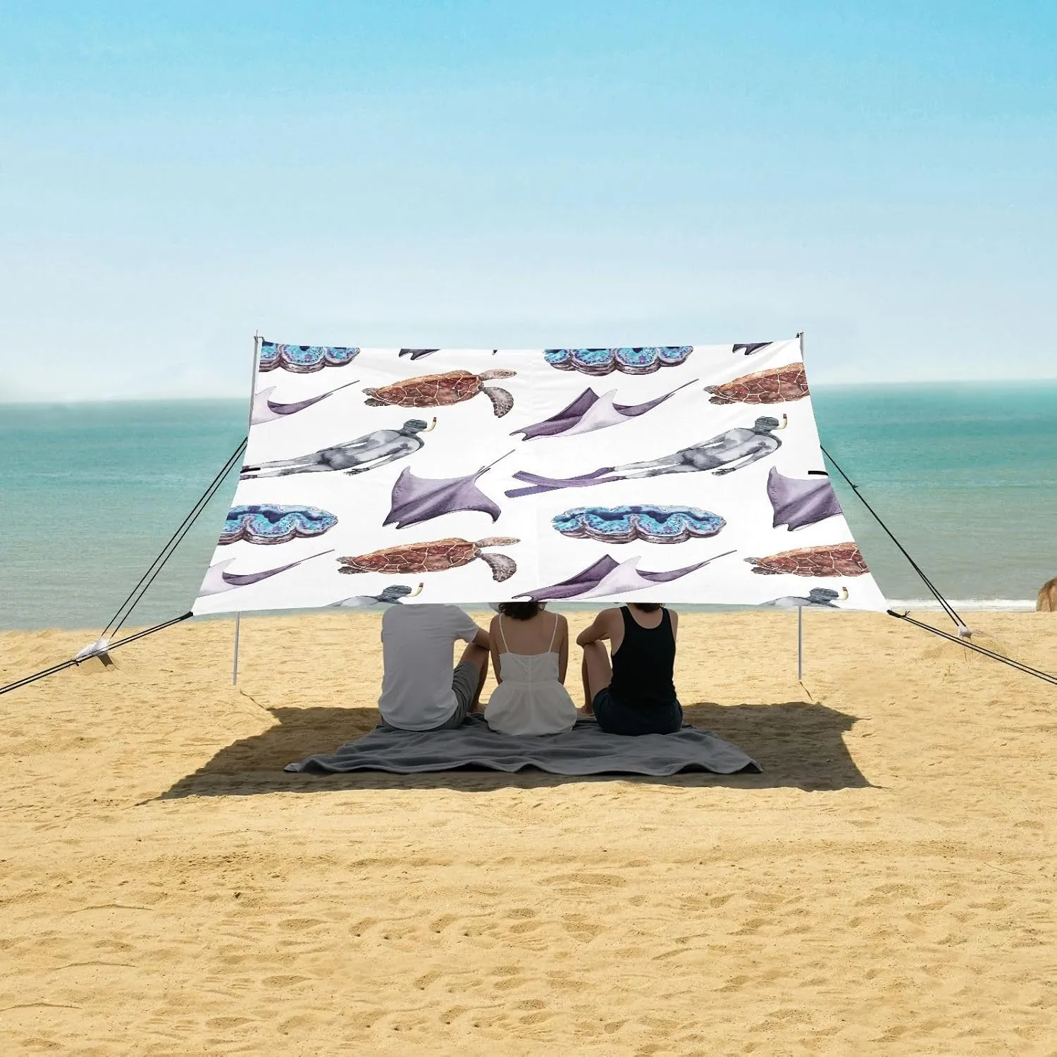 Tropical Manta Ray Sea Turtle Beach Canopy Tent Anti-UV & Wind Resistant, Camping Sun Shelter Easy Setup Portable,Outdoor Shade Tents with Sandbags,Sand Shovels,Ground Pegs & Stability Poles