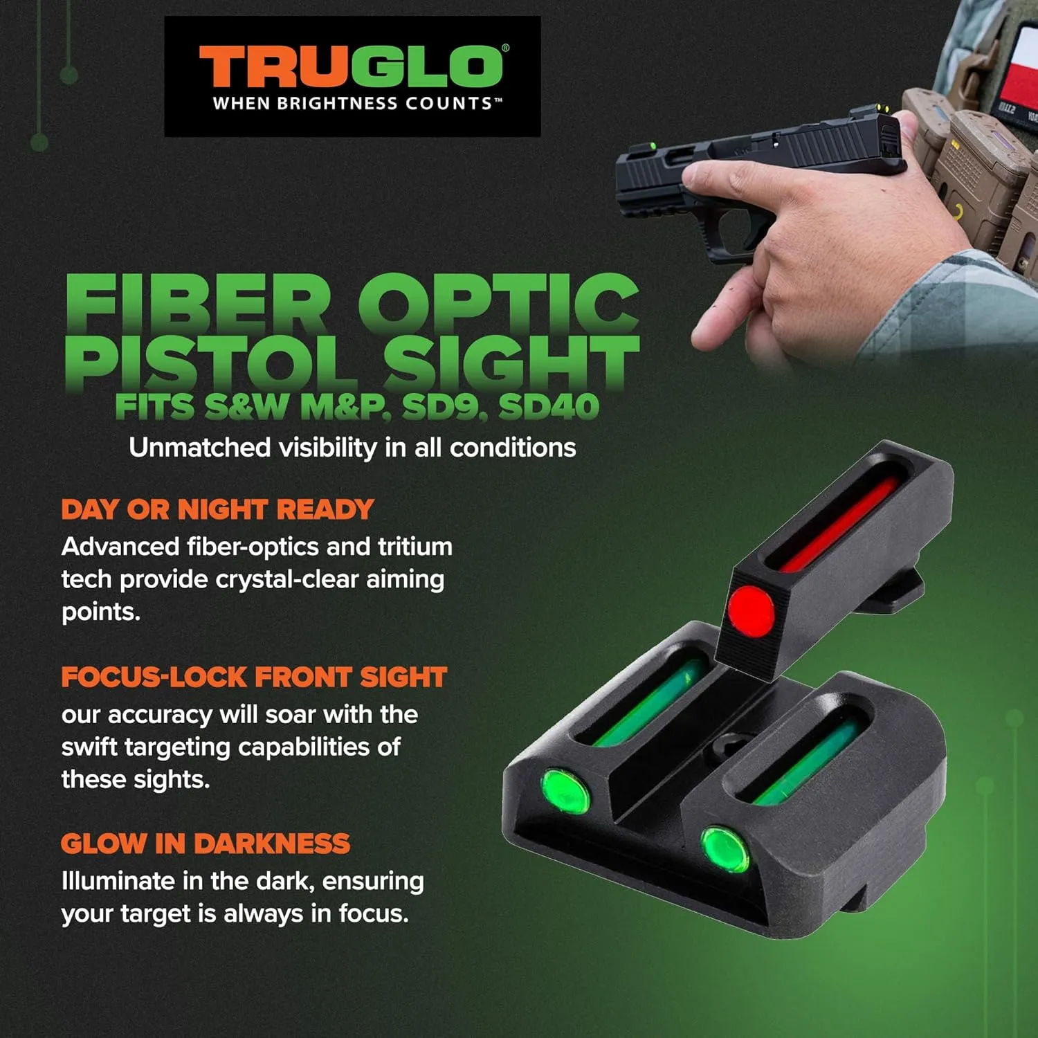 TRUGLO Fiber-Optic Handgun Night Sight | Compact Durable Snag-Resistant High-Visibility Red Front & Green Rear Sight for Handguns