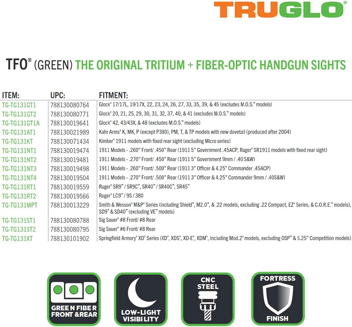 Truglo TFO Tritium & Fiber-Optic Handgun Sight, Durable Compact High-Visible Front & Rear Night Sight Set, Compatible with Sig Sauer Handguns