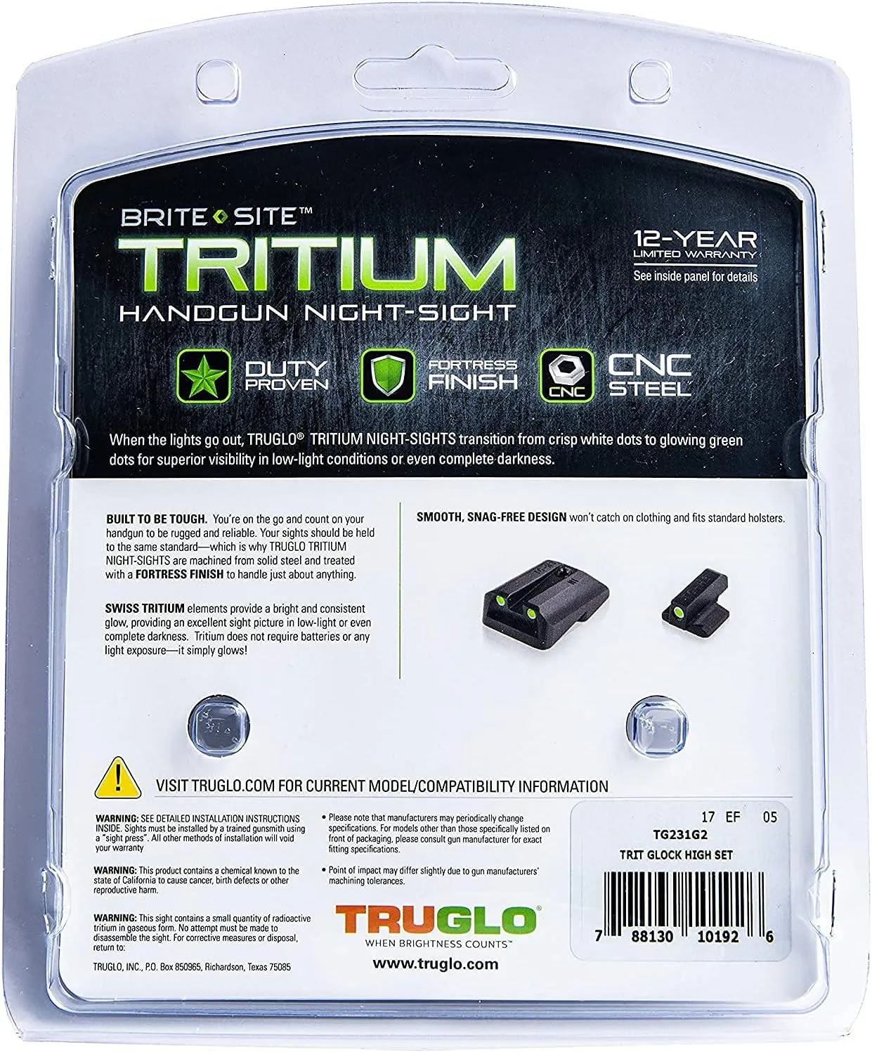 TRUGLO Tritium Handgun Sight | High-Visible Front & Rear Night Sights with Daylight White Dots & Low-Light Tritium Dots, Compatible with Glock Handguns