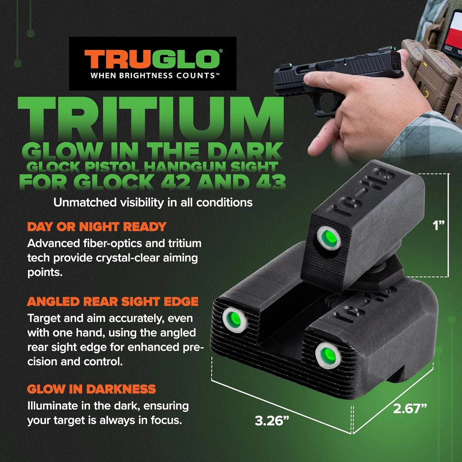 TRUGLO Tritium Handgun Sight | High-Visible Front & Rear Night Sights with Daylight White Dots & Low-Light Tritium Dots, Compatible with Glock Handguns