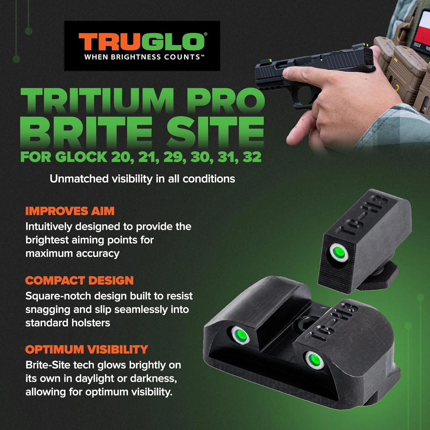 TRUGLO Tritium Handgun Sight | High-Visible Front & Rear Night Sights with Daylight White Dots & Low-Light Tritium Dots, Compatible with Glock Handguns