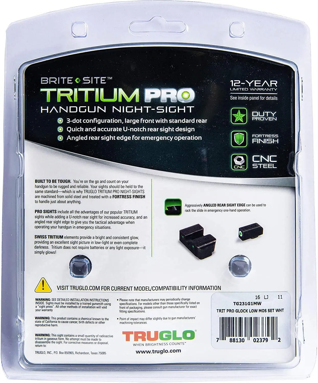 TRUGLO Tritium Pro Night Sights, Compatible with Glock Handgun Models | Compact Durable Glow-in-The-Dark Front & Rear Gun Sight Set with Focus Lock Front Ring