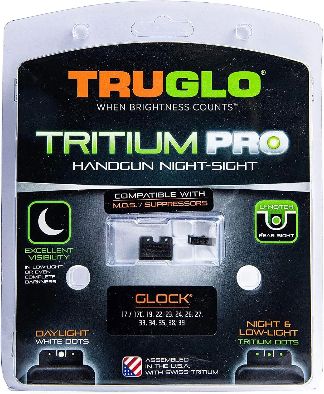 TRUGLO Tritium Pro Night Sights, Compatible with Glock Handgun Models | Compact Durable Glow-in-The-Dark Front & Rear Gun Sight Set with Focus Lock Front Ring