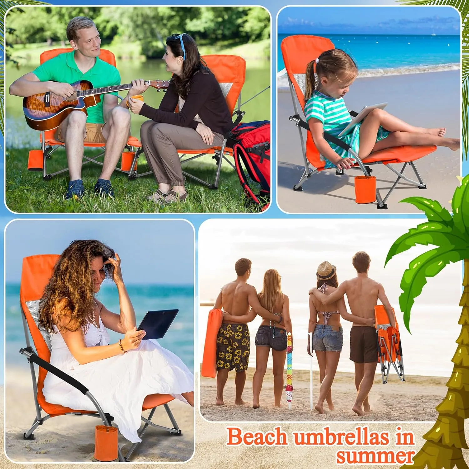Tudomro 2 Pack Beach Chairs for Adult with Umbrella Cup Holder and Carry Bag Low Folding Camping Heavy Duty Portable Outdoor High Back Beach Foldable Lawn Chairs (Orange)