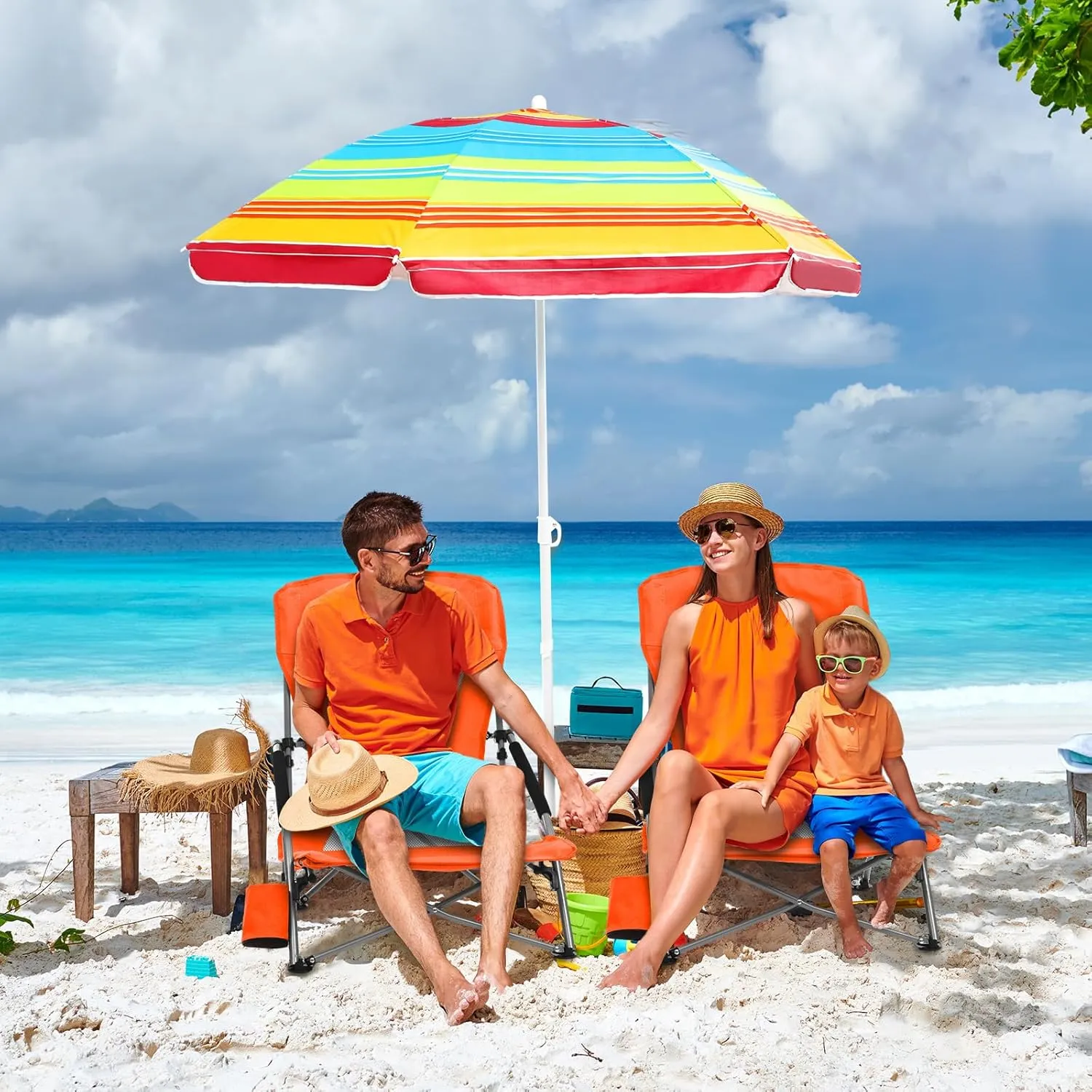 Tudomro 2 Pack Beach Chairs for Adult with Umbrella Cup Holder and Carry Bag Low Folding Camping Heavy Duty Portable Outdoor High Back Beach Foldable Lawn Chairs (Orange)