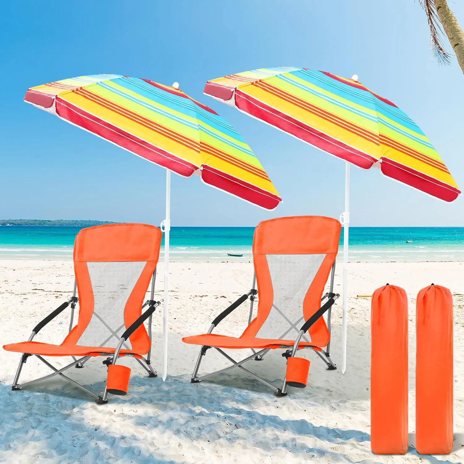 Tudomro 2 Pack Beach Chairs for Adult with Umbrella Cup Holder and Carry Bag Low Folding Camping Heavy Duty Portable Outdoor High Back Beach Foldable Lawn Chairs (Orange)