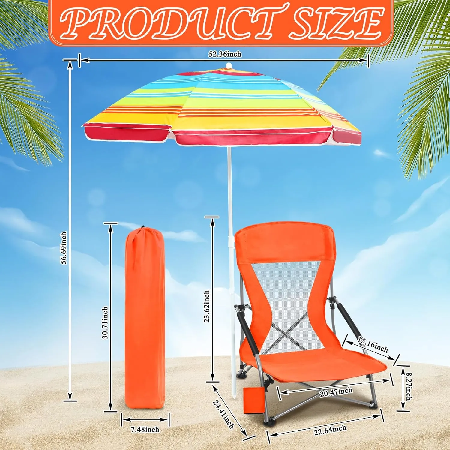 Tudomro 2 Pack Beach Chairs for Adult with Umbrella Cup Holder and Carry Bag Low Folding Camping Heavy Duty Portable Outdoor High Back Beach Foldable Lawn Chairs (Orange)