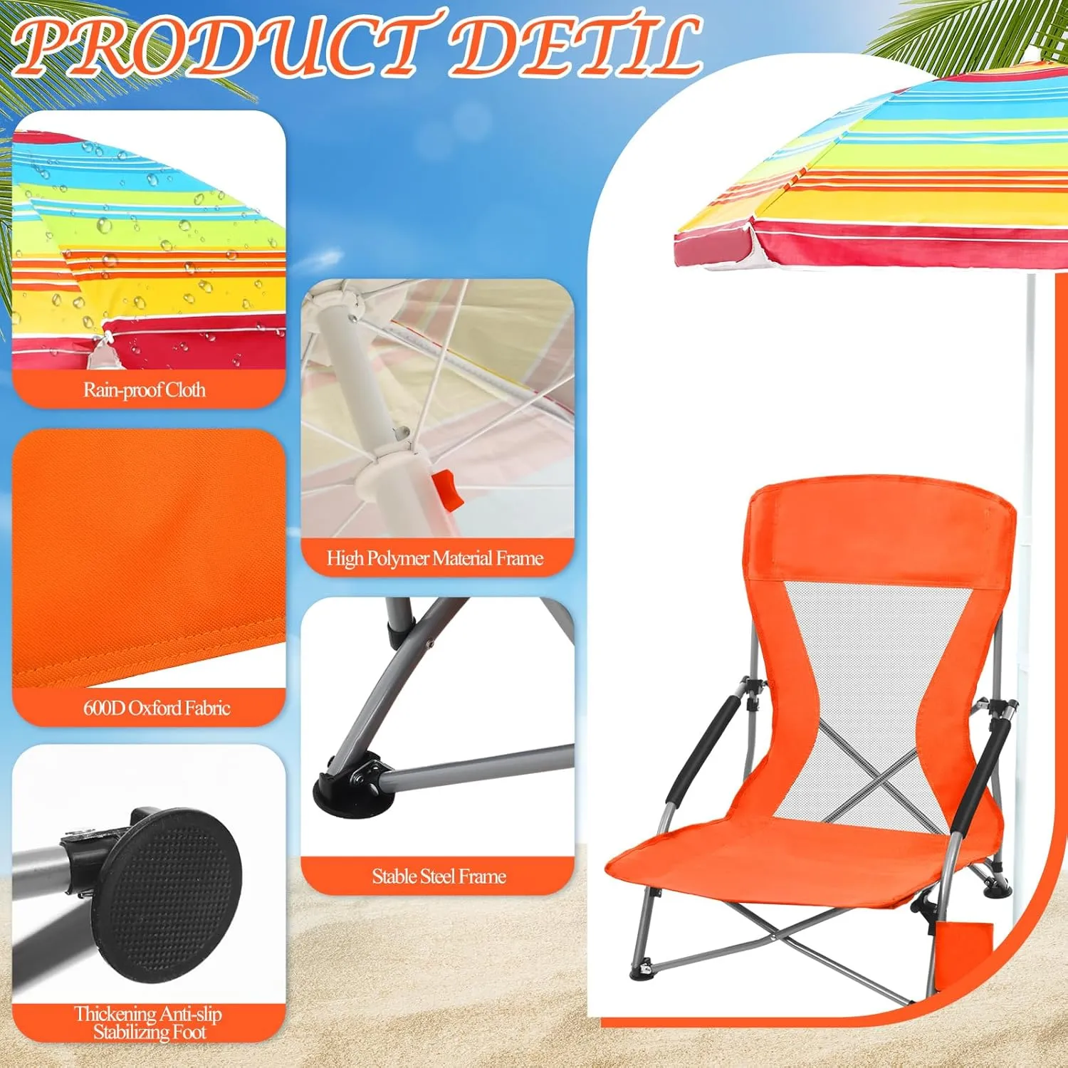 Tudomro 2 Pack Beach Chairs for Adult with Umbrella Cup Holder and Carry Bag Low Folding Camping Heavy Duty Portable Outdoor High Back Beach Foldable Lawn Chairs (Orange)