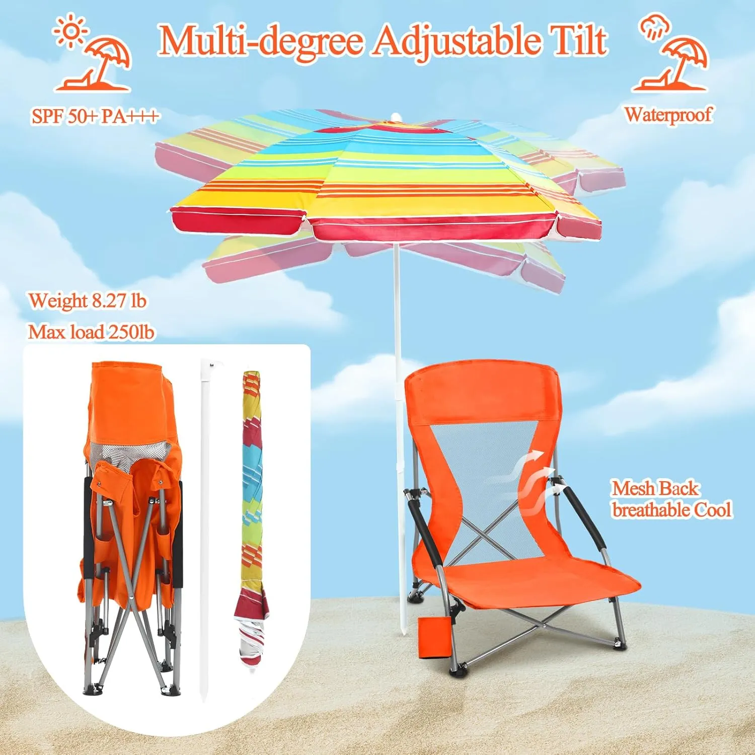 Tudomro 2 Pack Beach Chairs for Adult with Umbrella Cup Holder and Carry Bag Low Folding Camping Heavy Duty Portable Outdoor High Back Beach Foldable Lawn Chairs (Orange)
