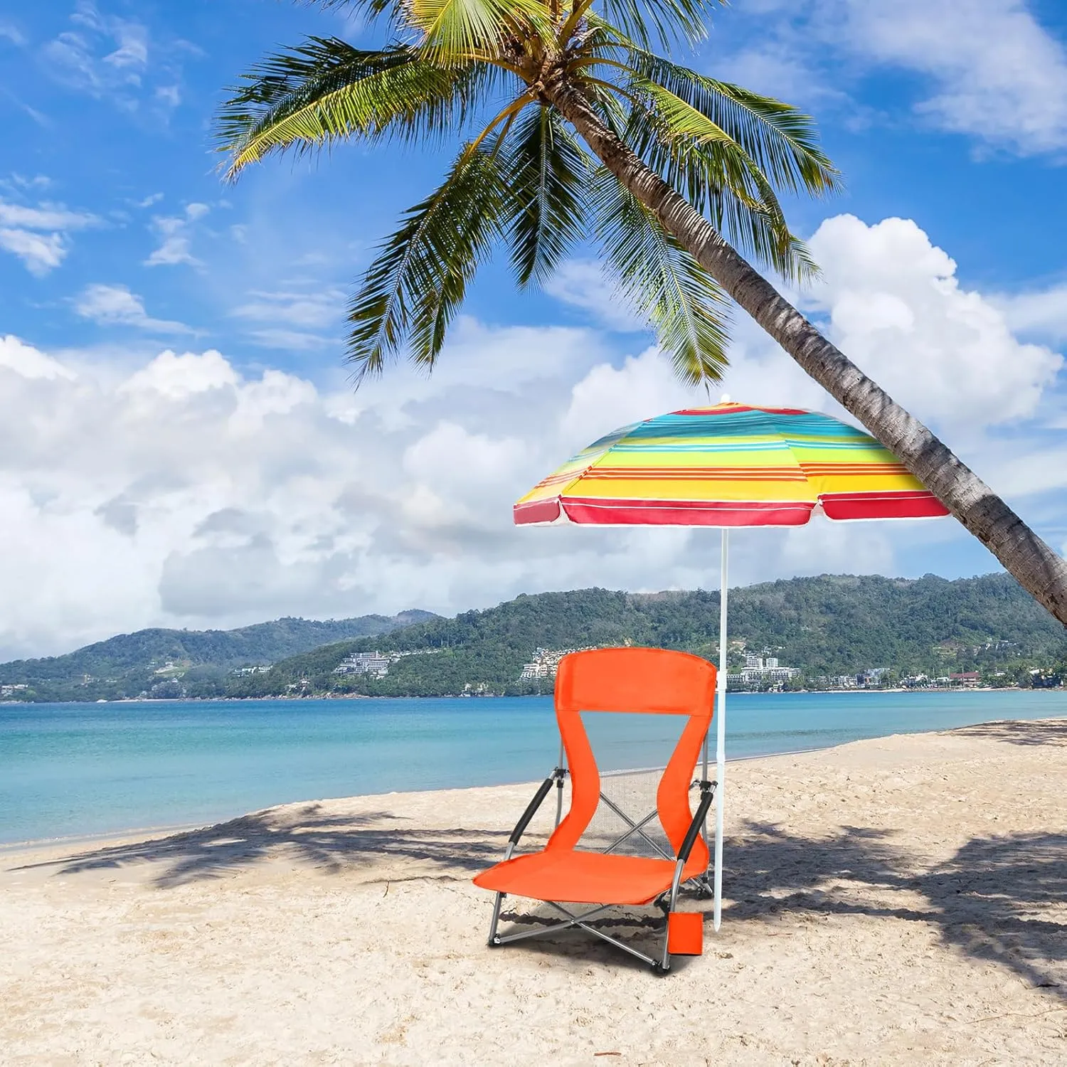 Tudomro 2 Pack Beach Chairs for Adult with Umbrella Cup Holder and Carry Bag Low Folding Camping Heavy Duty Portable Outdoor High Back Beach Foldable Lawn Chairs (Orange)