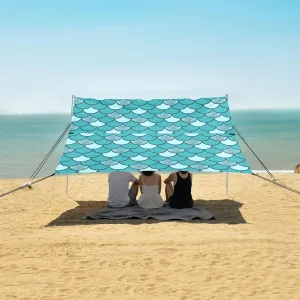 Turquoise Glitter Fish Scales Beach Canopy Tent Anti-UV & Wind Resistant, Camping Sun Shelter Easy Setup Portable,Outdoor Shade Tents with Sandbags,Sand Shovels,Ground Pegs & Stability Poles