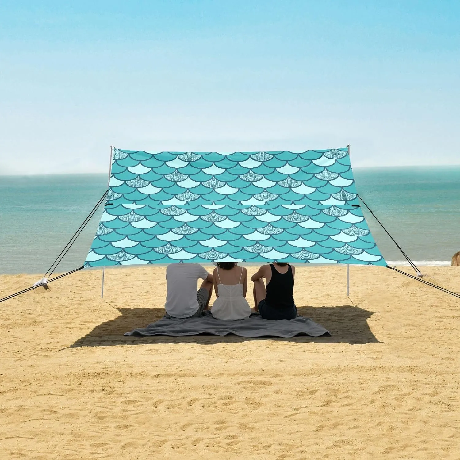 Turquoise Glitter Fish Scales Beach Canopy Tent Anti-UV & Wind Resistant, Camping Sun Shelter Easy Setup Portable,Outdoor Shade Tents with Sandbags,Sand Shovels,Ground Pegs & Stability Poles