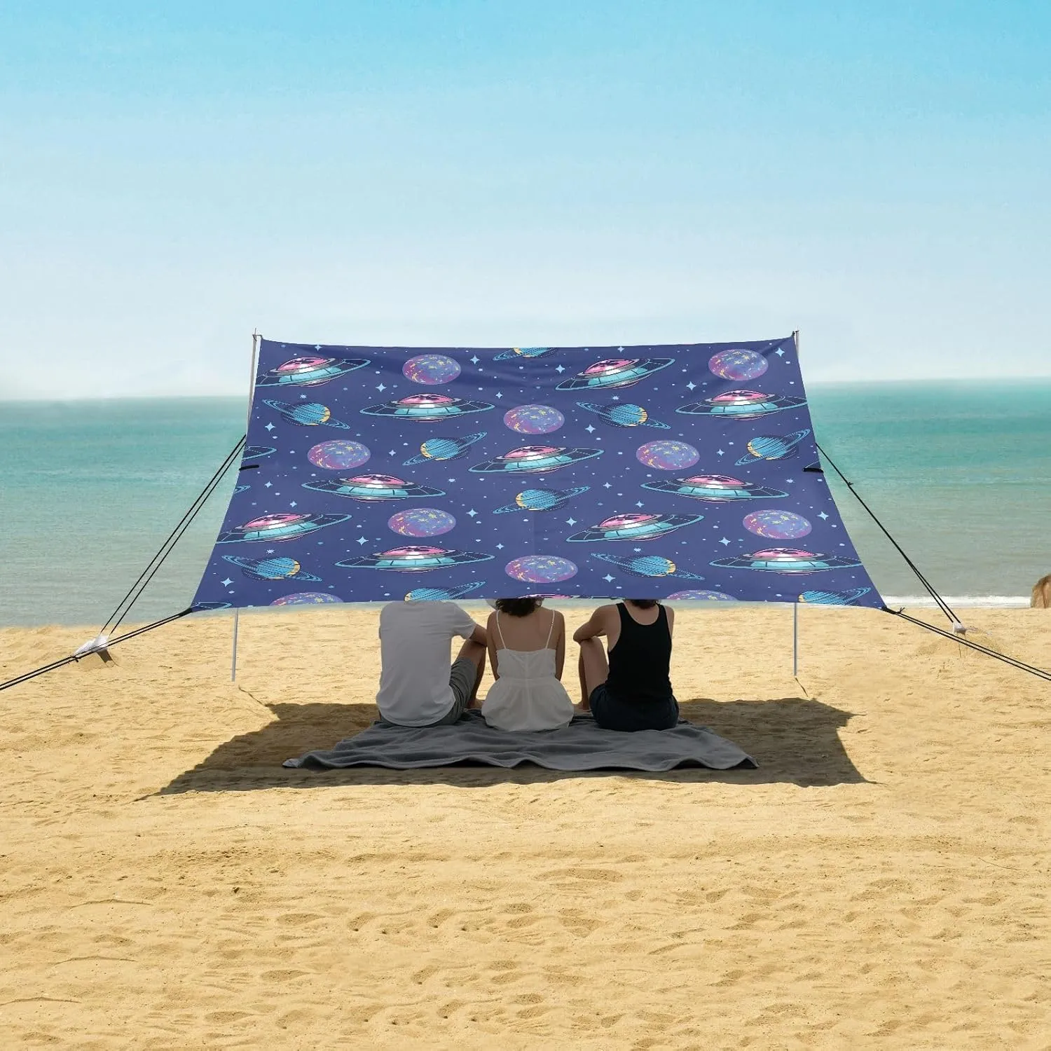 UFO Planets Starry Sky Beach Canopy Tent Anti-UV & Wind Resistant, Camping Sun Shelter Easy Setup Portable,Outdoor Shade Tents with Sandbags,Sand Shovels,Ground Pegs & Stability Poles