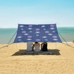UFO Planets Starry Sky Beach Canopy Tent Anti-UV & Wind Resistant, Camping Sun Shelter Easy Setup Portable,Outdoor Shade Tents with Sandbags,Sand Shovels,Ground Pegs & Stability Poles