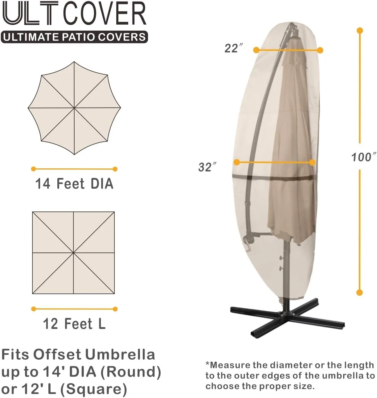 ULTCOVER Patio Parasol 600D Waterproof Outdoor Offset Banana Style Umbrella Cover - Fits Cantilever Offset Umbrella 12-14 Feet