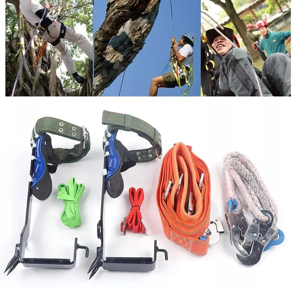 Upgraded Tree/Pole Climbing Spikes Set, Tree Climbing Gear with 2-Gear Safety Belt & Rope Adjustable Lanyard Rope Tree Climbing Spikes for Outdoor Jungle Survival Fruit Picking, Blue