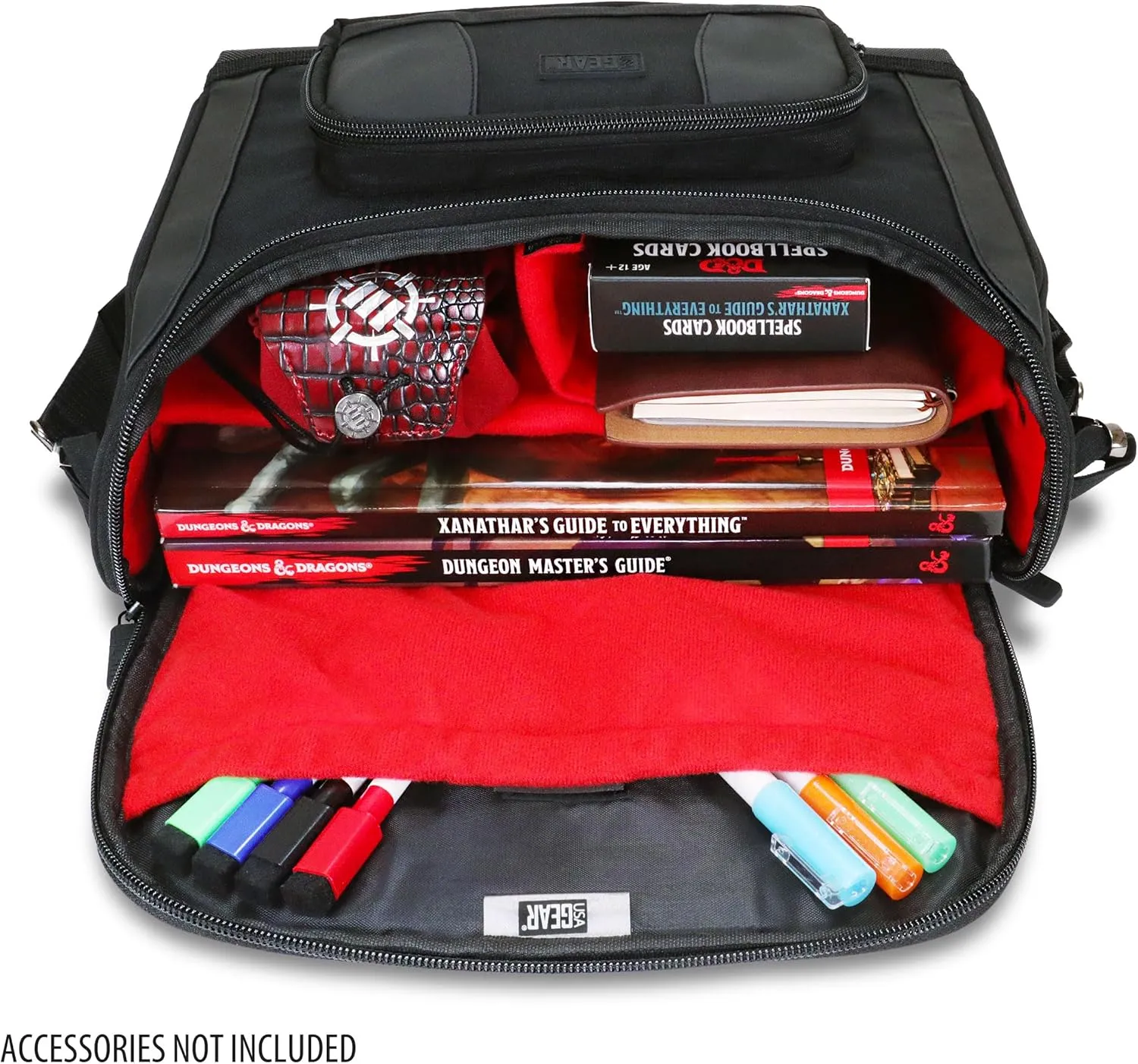 USA GEAR Compact Travel Bag Compatible with Dungeons and Dragons Accessories - Small DND Bag fits RPG Player Essentials, Player's Handbook, Character Sheets, Dice, Tokens, & Mini Player Items (Red)