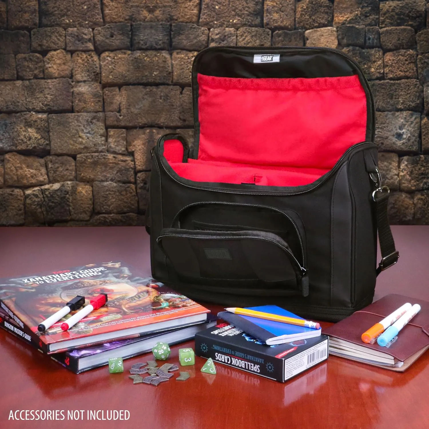 USA GEAR Compact Travel Bag Compatible with Dungeons and Dragons Accessories - Small DND Bag fits RPG Player Essentials, Player's Handbook, Character Sheets, Dice, Tokens, & Mini Player Items (Red)