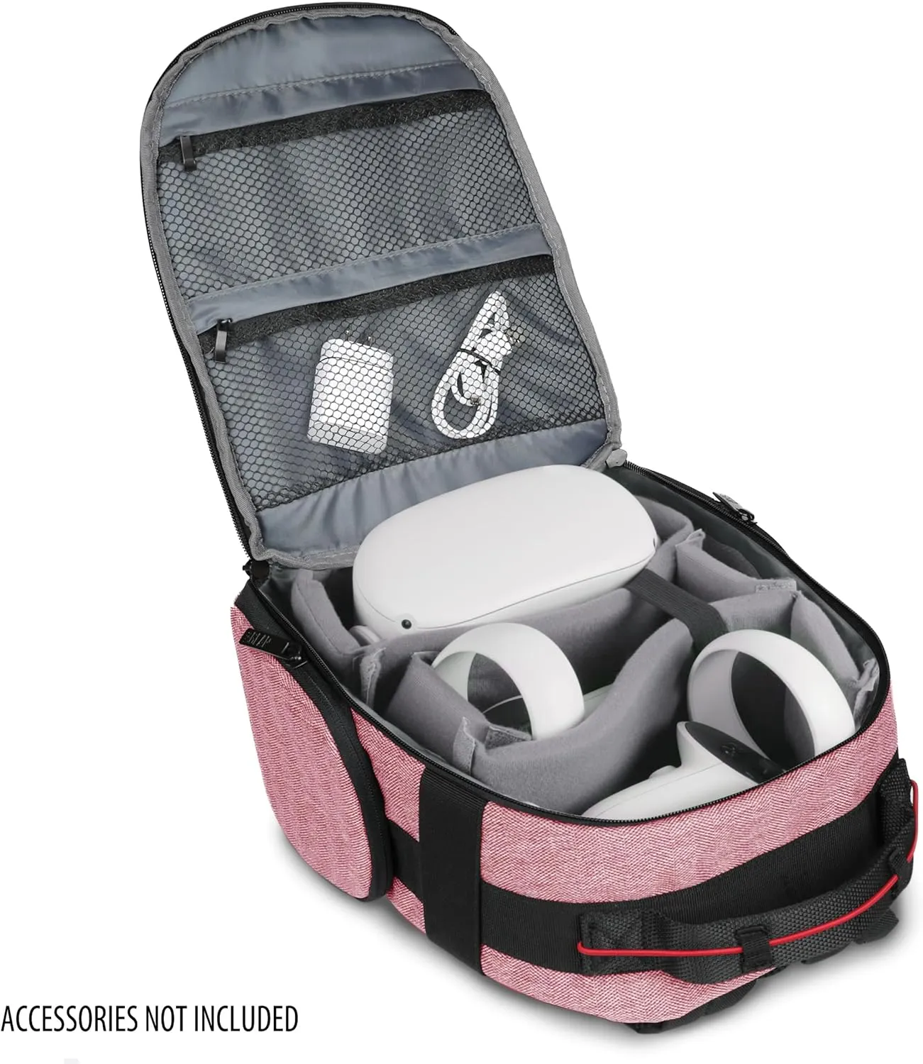 USA GEAR VR Headset Case - Virtual Reality Backpack with Customizable Interior Compartments Compatible with VR Gaming Headset, Controllers, and More Virtual Reality Gaming Accessories - Red