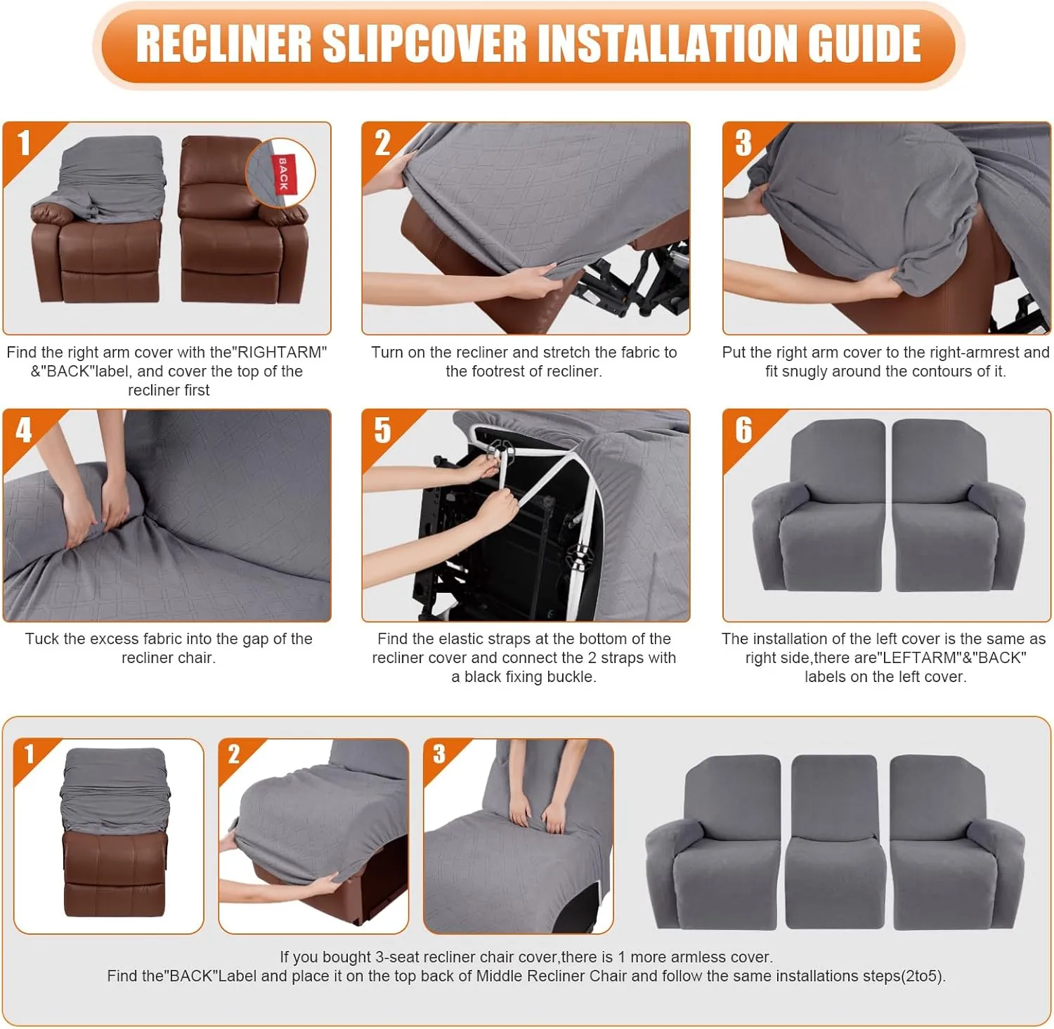 VANSOFY Recliner Cover, 3-Pieces Stretch Reclining Couch Covers with Pockets Reclining Sofa Slipcovers 3 Seater Soft Washable Furniture Protector for Dogs Cats(Light Gray)