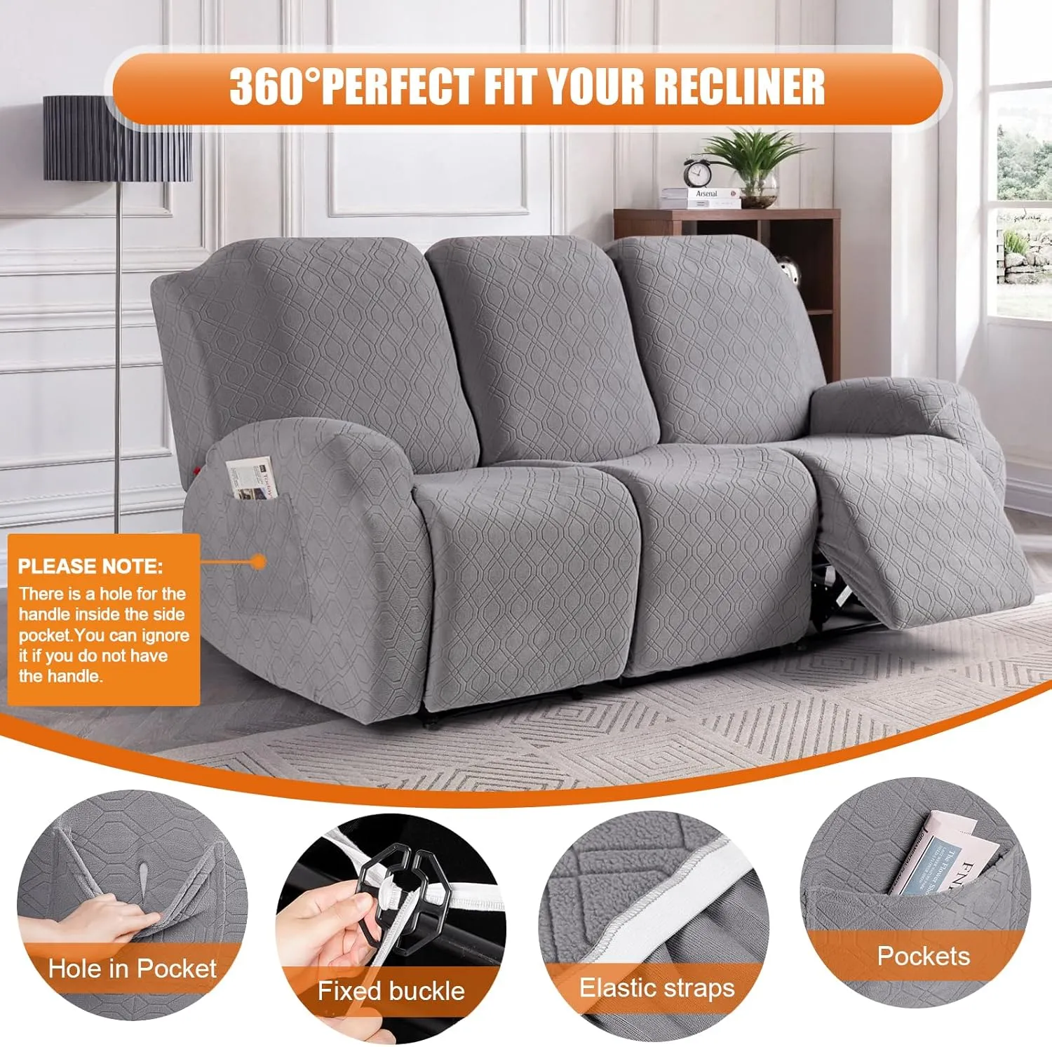 VANSOFY Recliner Cover, 3-Pieces Stretch Reclining Couch Covers with Pockets Reclining Sofa Slipcovers 3 Seater Soft Washable Furniture Protector for Dogs Cats(Light Gray)