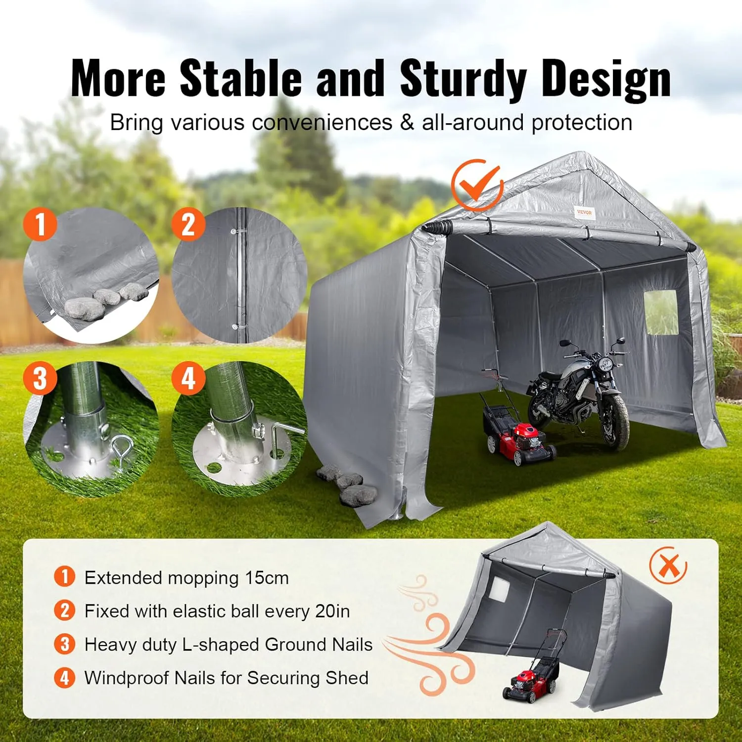 VEVOR 10x15 ft Instant Garage Portable Carport Car Canopy, Outdoor Portable Storage Shed with Roll-up Zipper Door and Ventilated Windows for Cars, Garden Tools