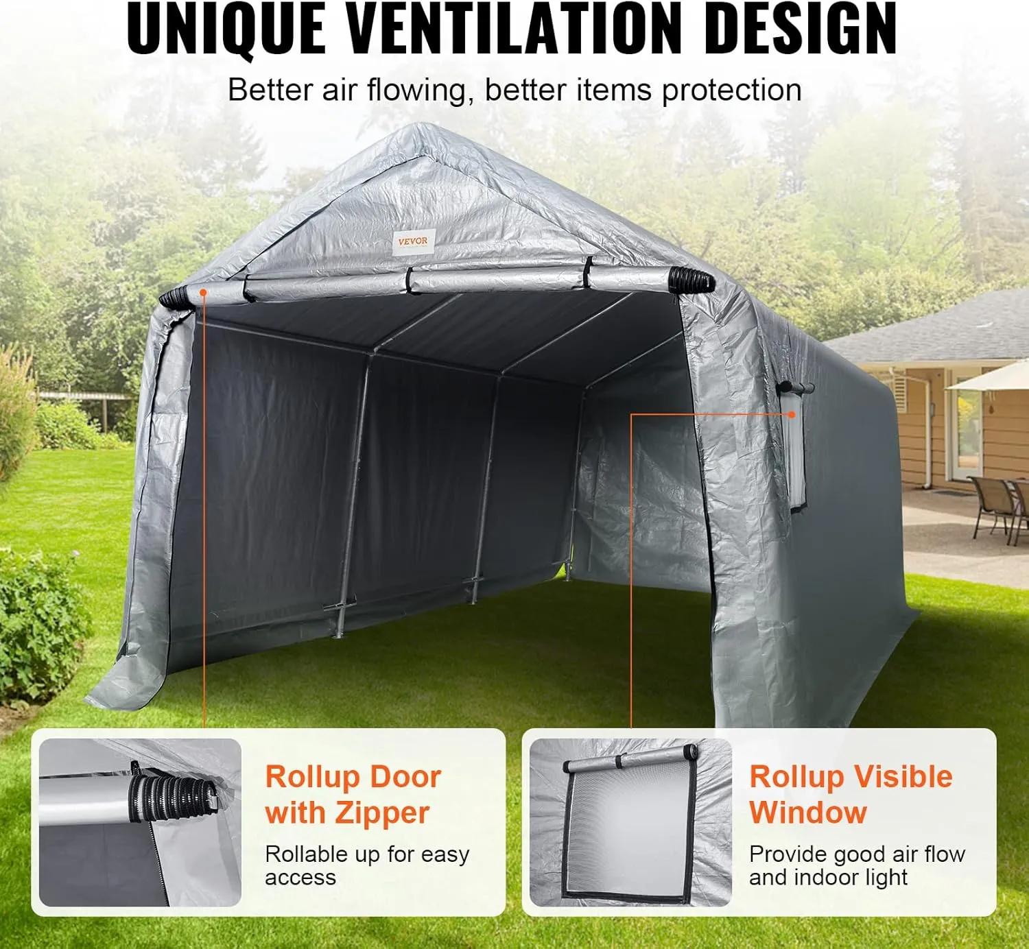 VEVOR 10x15 ft Instant Garage Portable Carport Car Canopy, Outdoor Portable Storage Shed with Roll-up Zipper Door and Ventilated Windows for Cars, Garden Tools