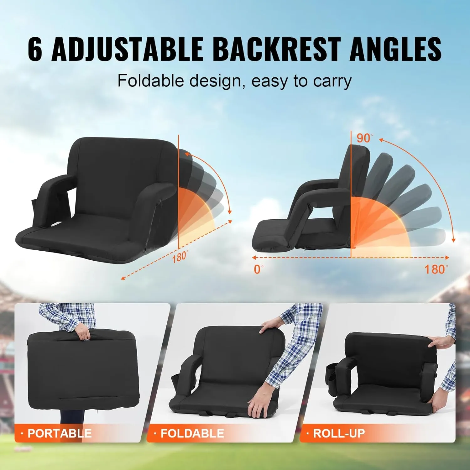 VEVOR Stadium Seat with Back Support, Wide Bleacher Seat Back, Folding Portable Padded Reclining Chair with Hook Pocket Cupholder, Ideal for Sport Event Beach Camping Concert