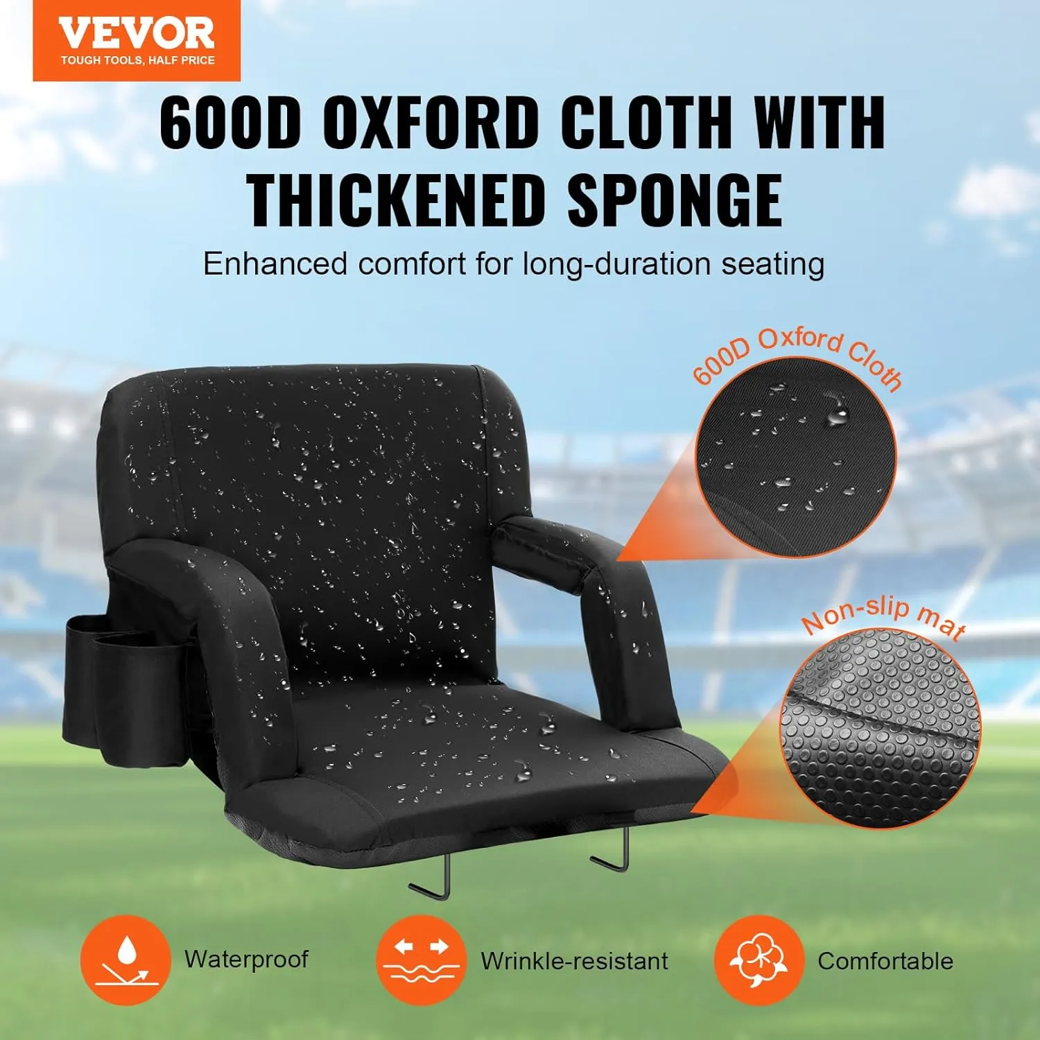 VEVOR Stadium Seat with Back Support, Wide Bleacher Seat Back, Folding Portable Padded Reclining Chair with Hook Pocket Cupholder, Ideal for Sport Event Beach Camping Concert