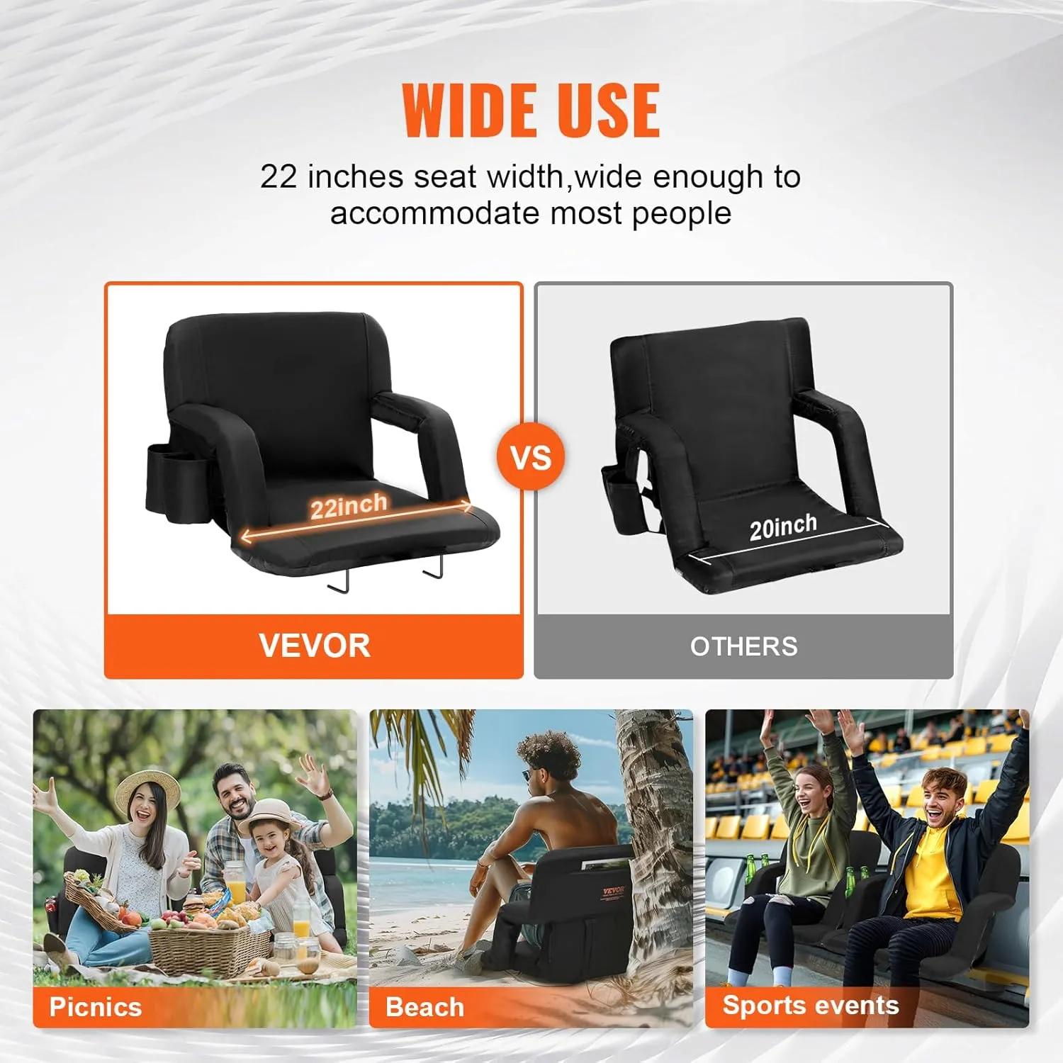 VEVOR Stadium Seat with Back Support, Wide Bleacher Seat Back, Folding Portable Padded Reclining Chair with Hook Pocket Cupholder, Ideal for Sport Event Beach Camping Concert