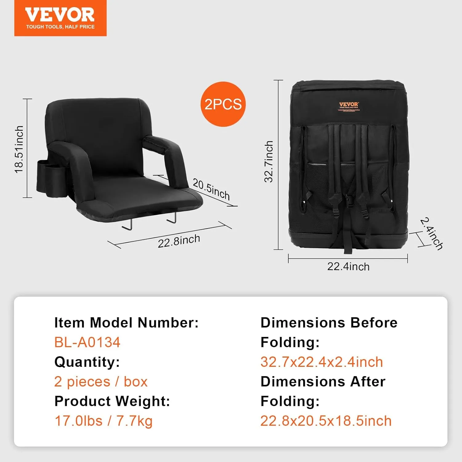 VEVOR Stadium Seat with Back Support, Wide Bleacher Seat Back, Folding Portable Padded Reclining Chair with Hook Pocket Cupholder, Ideal for Sport Event Beach Camping Concert