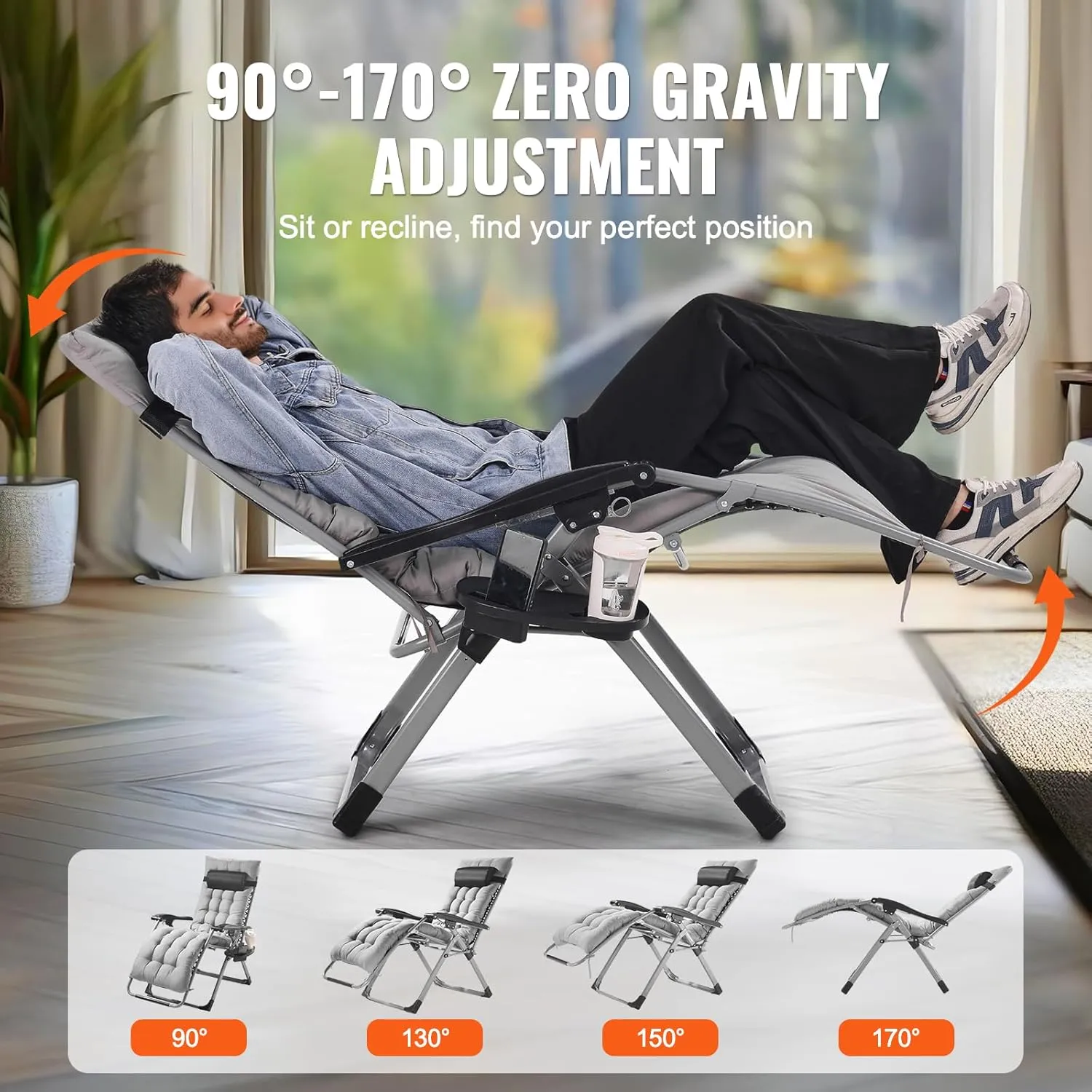 VEVOR Zero Gravity Chair, 26 inch Zero Gravity Recliner Lounge Chair for Indoor and Outdoor, Adjustable Anti Gravity Chair with Cushion, Headrest, Footrest, and Cupholder, 500 lbs, Gray