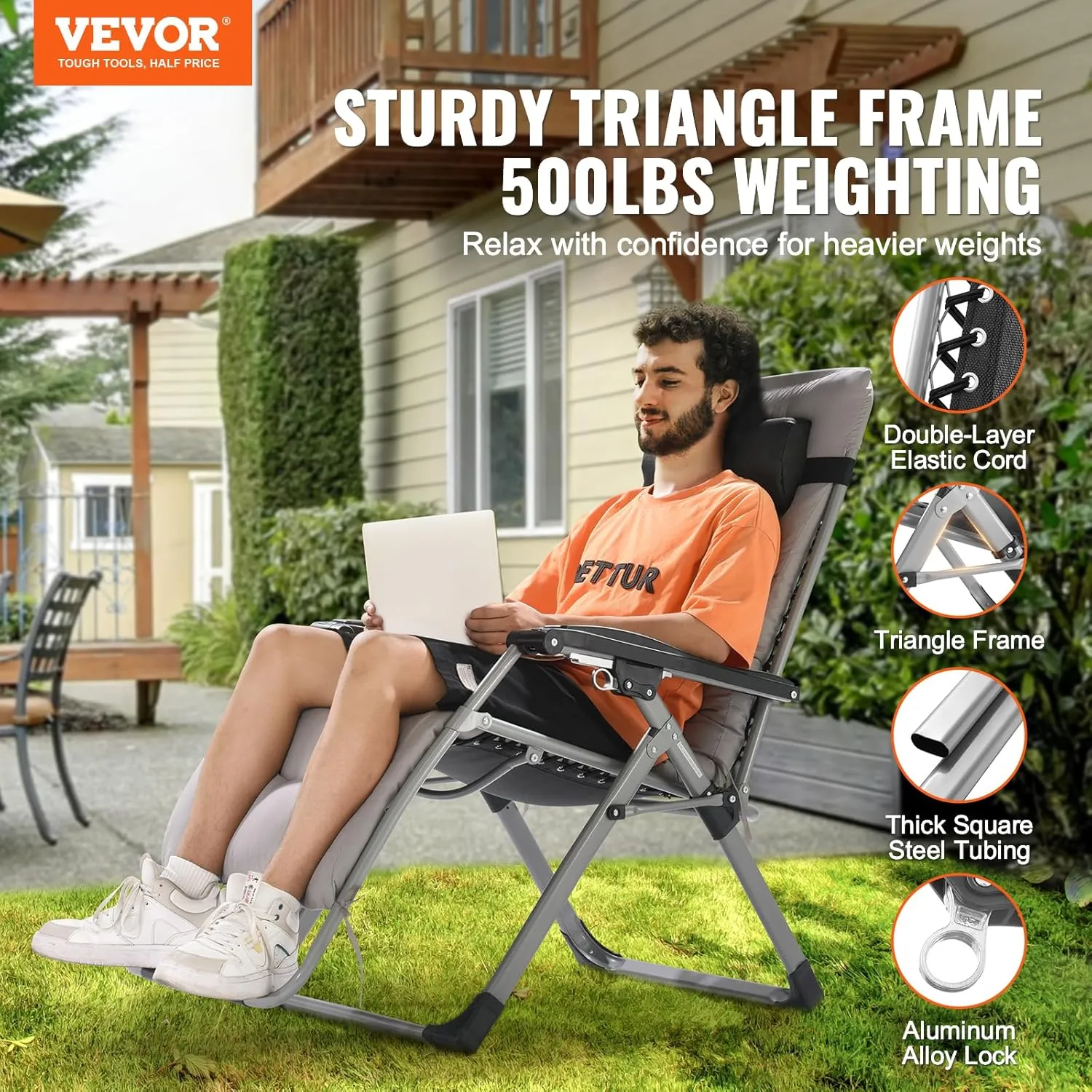 VEVOR Zero Gravity Chair, 26 inch Zero Gravity Recliner Lounge Chair for Indoor and Outdoor, Adjustable Anti Gravity Chair with Cushion, Headrest, Footrest, and Cupholder, 500 lbs, Gray