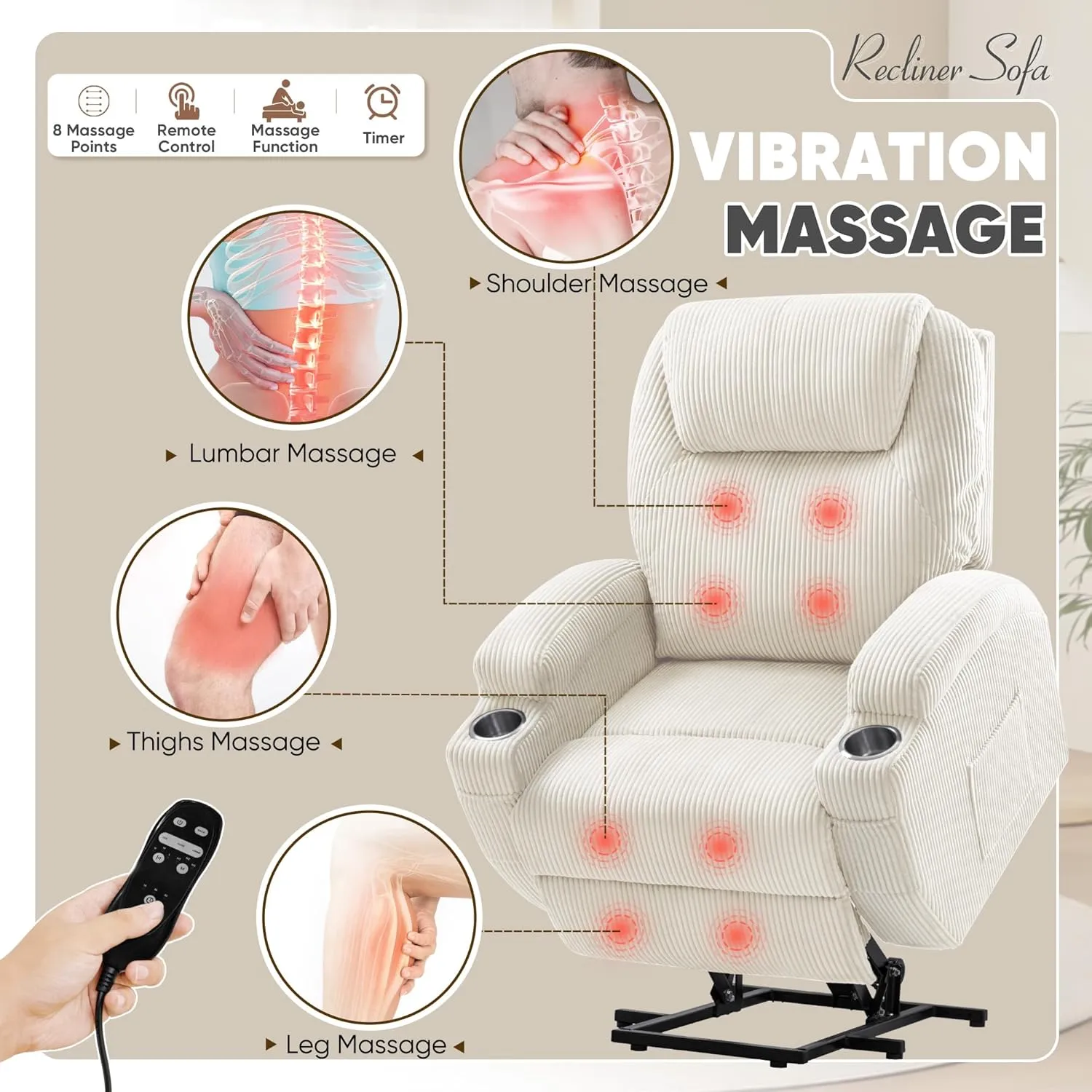 VICTONE Electric Power Lift Recliner Chair for Elderly Reclining Sofa for Living Room with Massage, Side Pockets and Cup Holders (Corduroy, Beige)