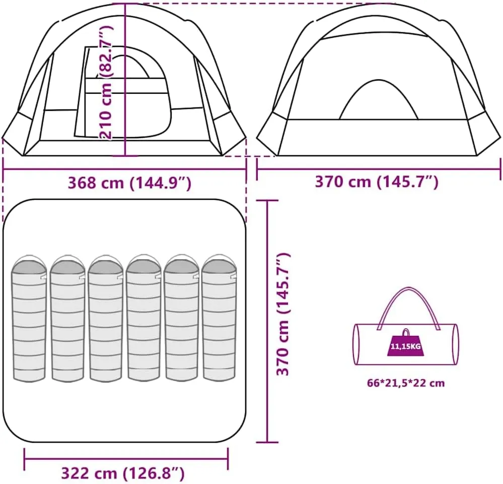 vidaXL Family Tent - 6 Person Cabin - Green 185t Polyester with pu Coating - Waterproof Camping shelter - 322/368 x 145.7 x 82.7 inches - Portable with e-Port and Storage Pockets - for Outdoor use