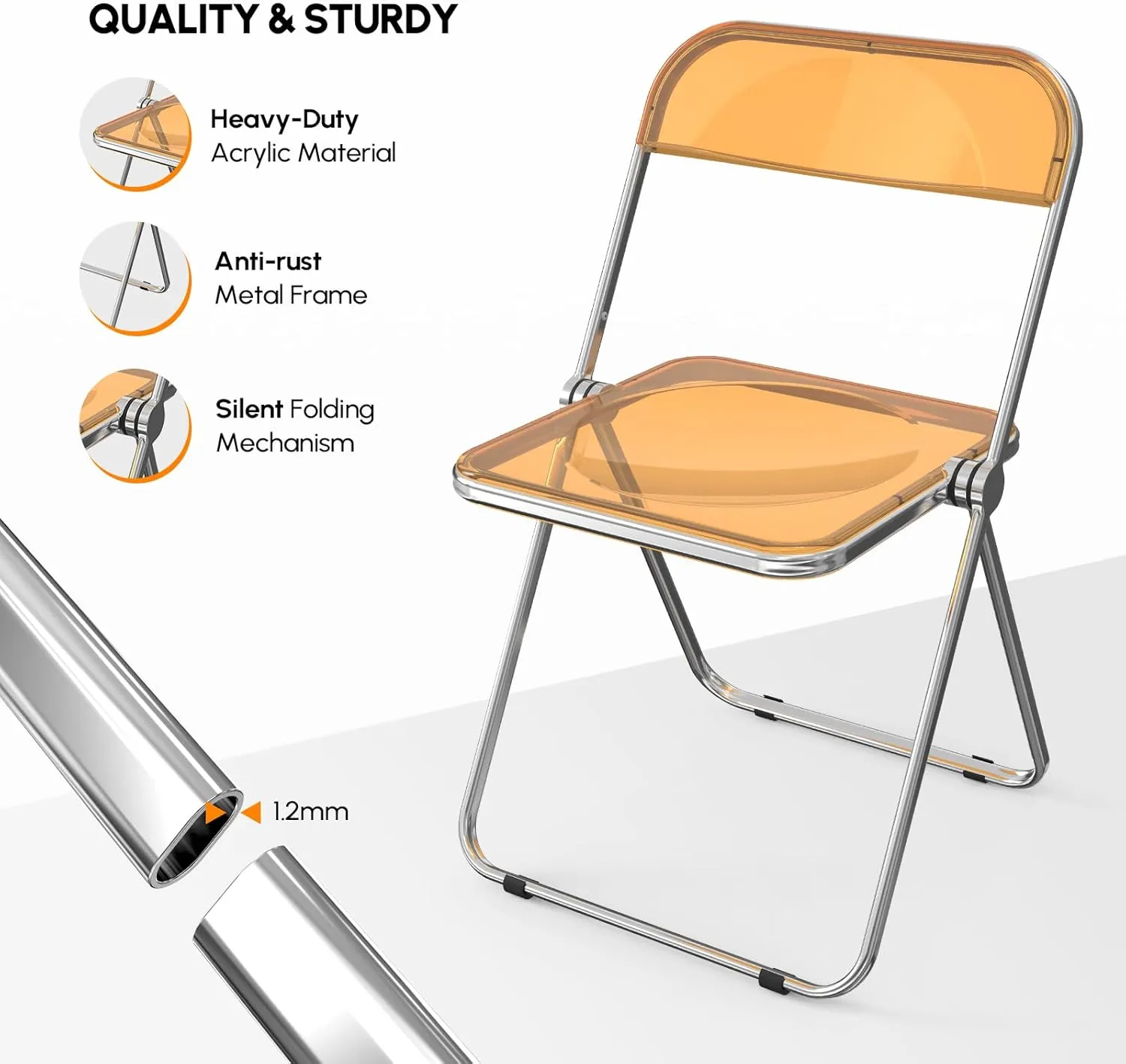 VINGLI Acrylic Folding Chairs 4 Pack, Clear Chair Foldable and Stackable, Plastic Panel & Metal Chrome Frame, Weight Capacity 350 lbs, Orange