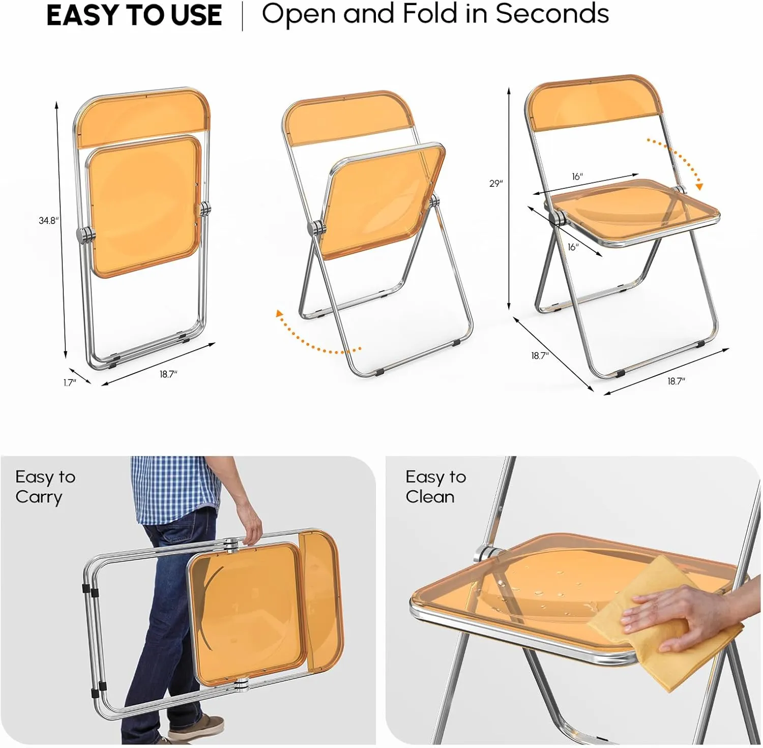 VINGLI Acrylic Folding Chairs 4 Pack, Clear Chair Foldable and Stackable, Plastic Panel & Metal Chrome Frame, Weight Capacity 350 lbs, Orange