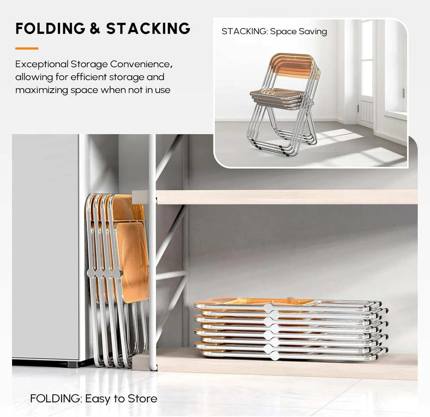 VINGLI Acrylic Folding Chairs 4 Pack, Clear Chair Foldable and Stackable, Plastic Panel & Metal Chrome Frame, Weight Capacity 350 lbs, Orange