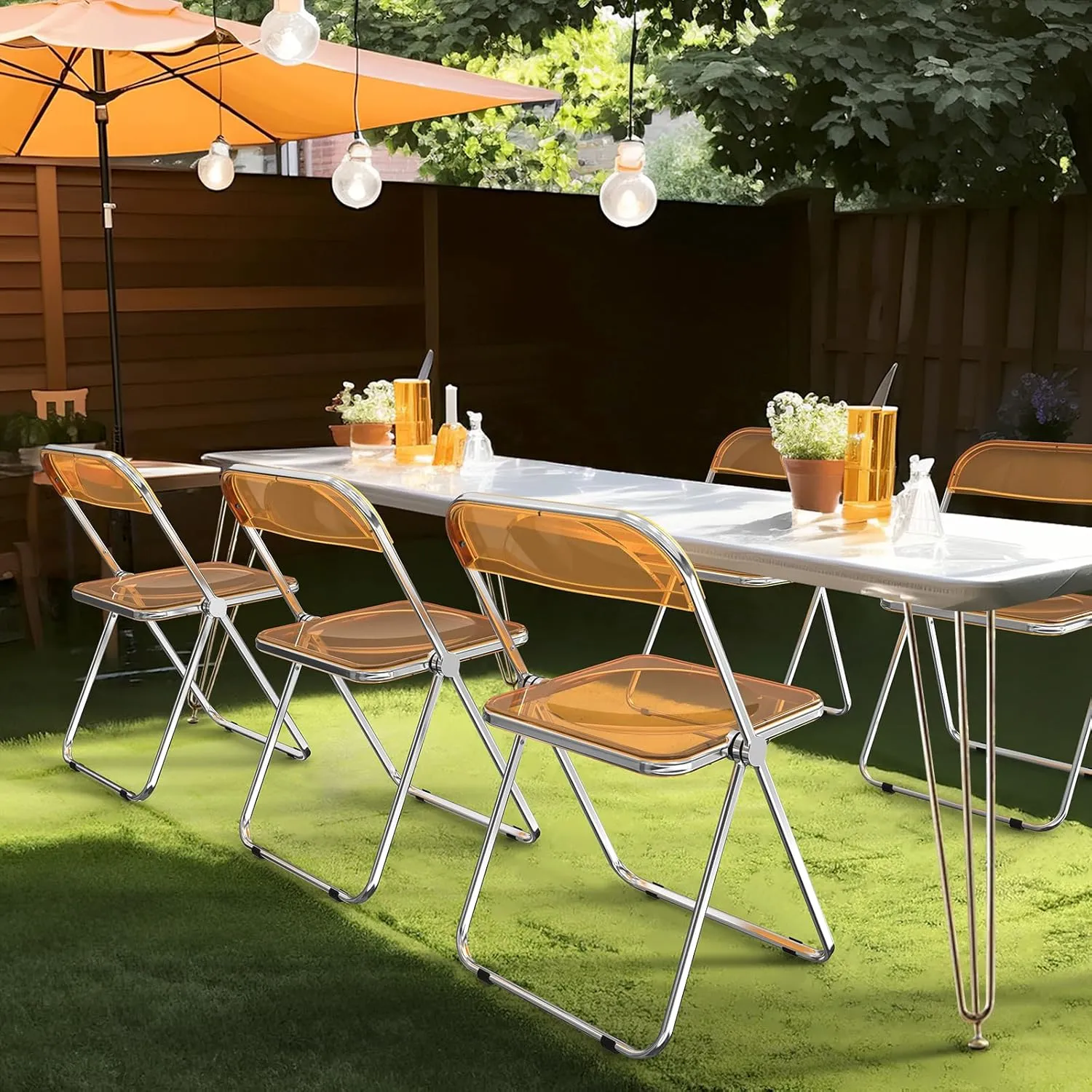 VINGLI Acrylic Folding Chairs 4 Pack, Clear Chair Foldable and Stackable, Plastic Panel & Metal Chrome Frame, Weight Capacity 350 lbs, Orange