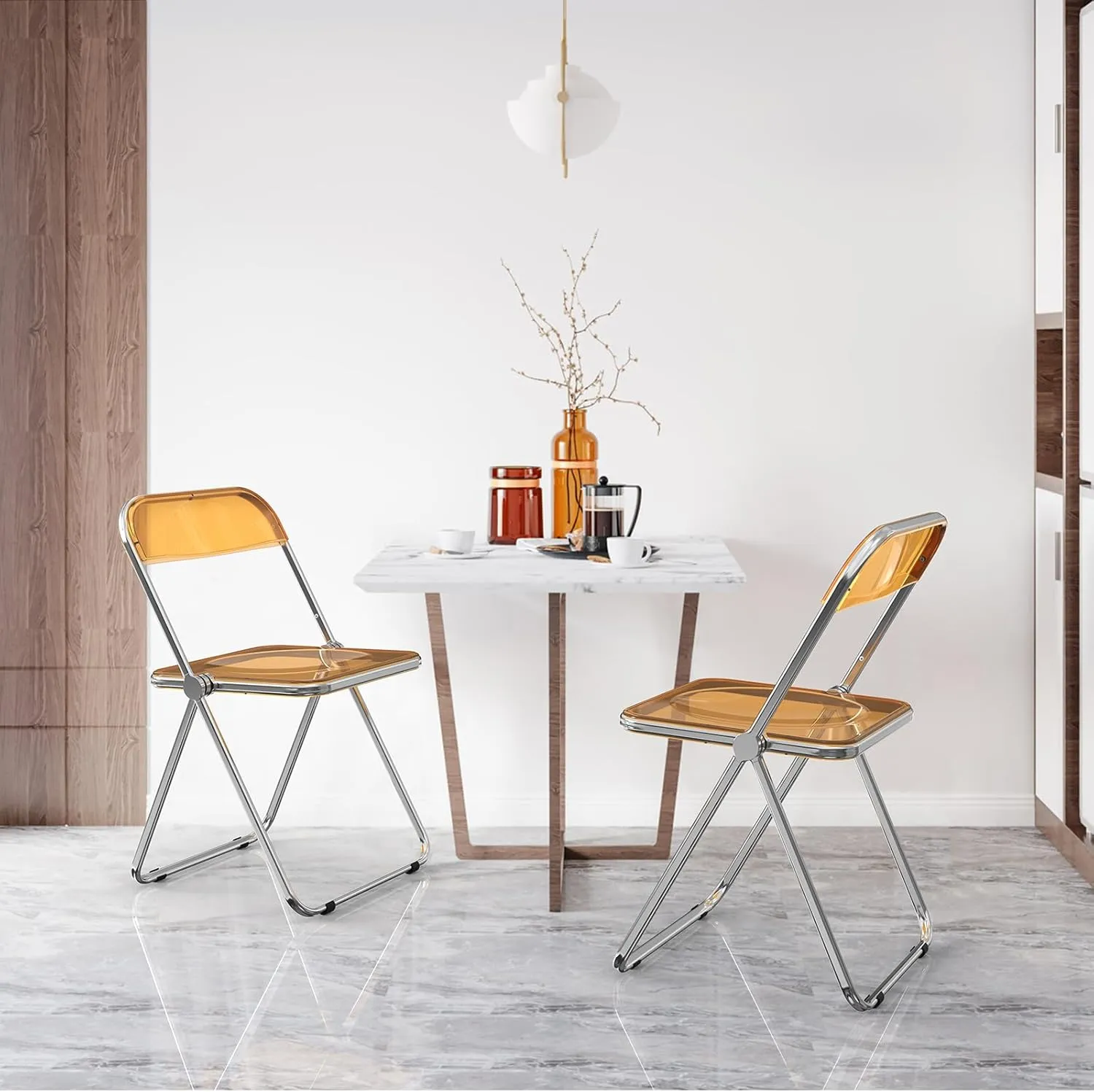 VINGLI Acrylic Folding Chairs 4 Pack, Clear Chair Foldable and Stackable, Plastic Panel & Metal Chrome Frame, Weight Capacity 350 lbs, Orange