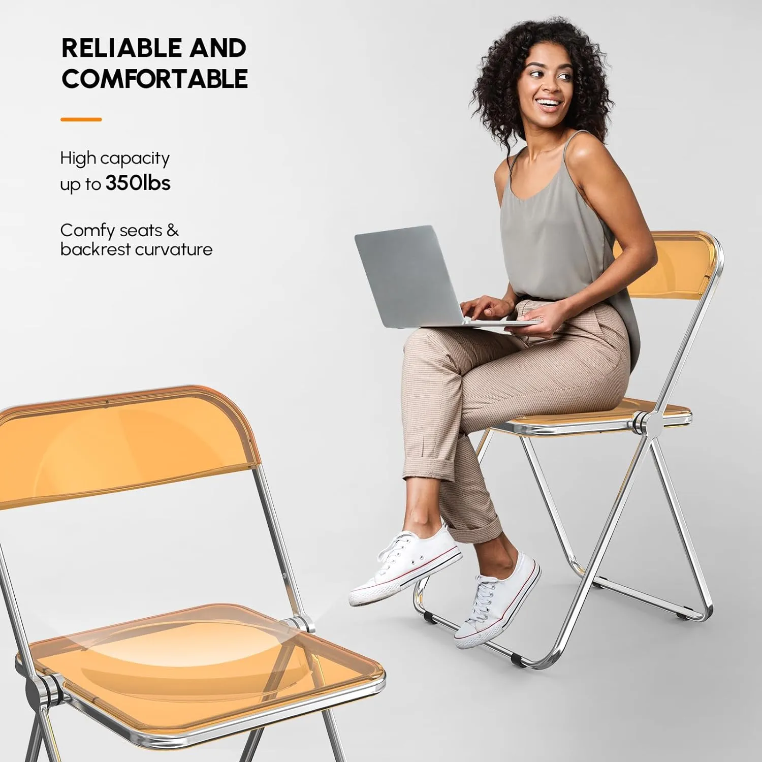 VINGLI Acrylic Folding Chairs 4 Pack, Clear Chair Foldable and Stackable, Plastic Panel & Metal Chrome Frame, Weight Capacity 350 lbs, Orange