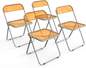 VINGLI Acrylic Folding Chairs 4 Pack, Clear Chair Foldable and Stackable, Plastic Panel & Metal Chrome Frame, Weight Capacity 350 lbs, Orange