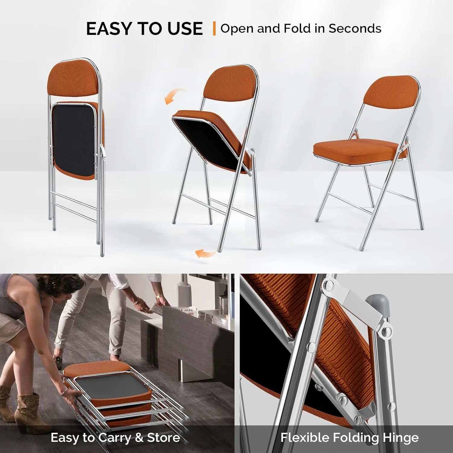 VINGLI Folding Chairs with Padded Seat & Backrest, Metal Frame, Durable Corduroy Fabric, 350 lbs Capacity, Set of 6, Orange – Ideal for Weddings, Parties, Office Events