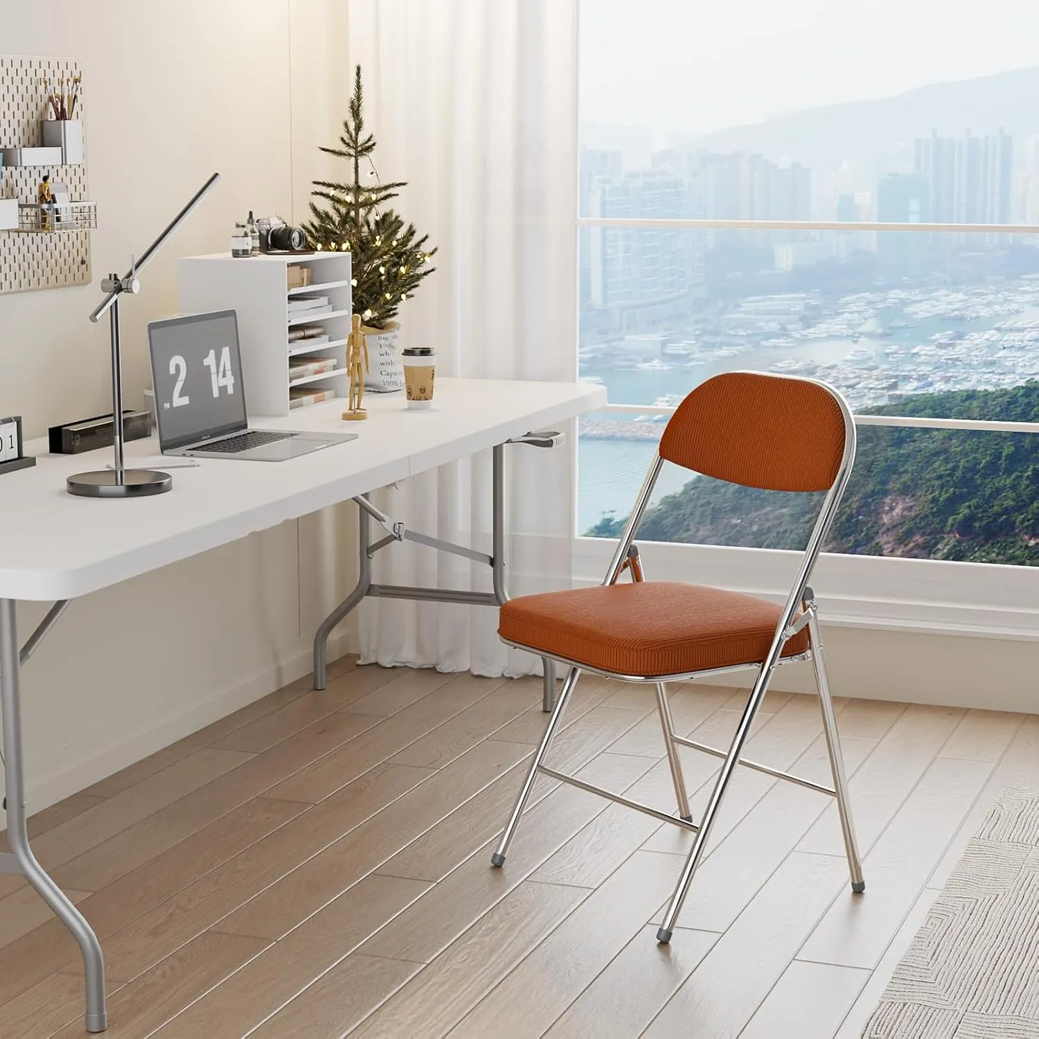 VINGLI Folding Chairs with Padded Seat & Backrest, Metal Frame, Durable Corduroy Fabric, 350 lbs Capacity, Set of 6, Orange – Ideal for Weddings, Parties, Office Events