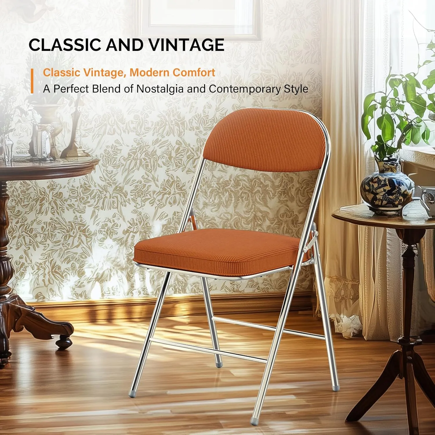 VINGLI Folding Chairs with Padded Seat & Backrest, Metal Frame, Durable Corduroy Fabric, 350 lbs Capacity, Set of 6, Orange – Ideal for Weddings, Parties, Office Events